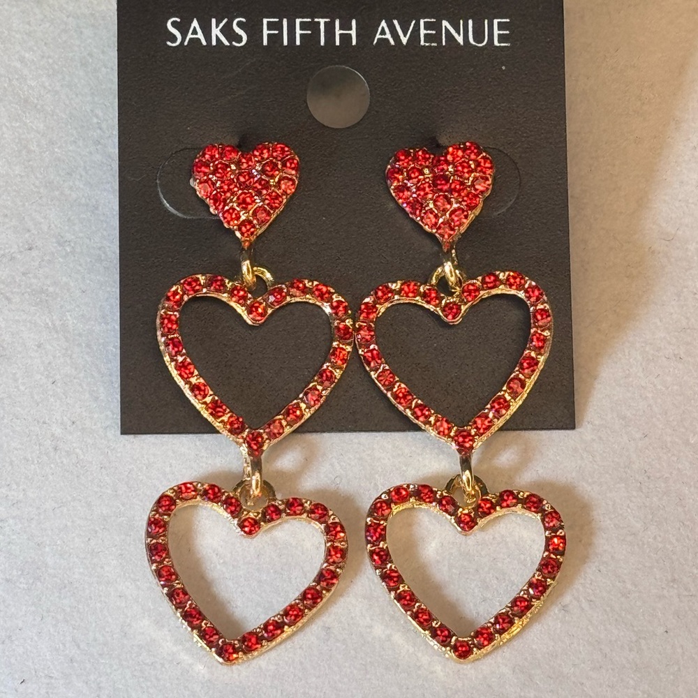 Saks Fifth Avenue Gold Tone Dangling Triple Heart Red Crystal Post Earrings 2.25